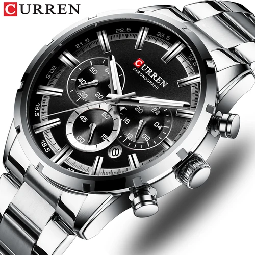 Imagen 1 del producto Relojes CURREN de cuarzo de lujo a la moda, reloj clásico plateado y negro, reloj de pulsera para hombre con cronógrafo calendario