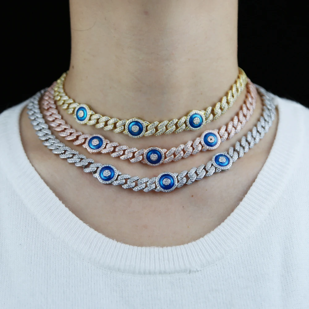 

2024 Hip Hop Iced Out 5A CZ Stone Paved Cuban Chain Choker Bracelet Enamel Blue Eye Pendant Necklace For Women Charm Jewelry Set