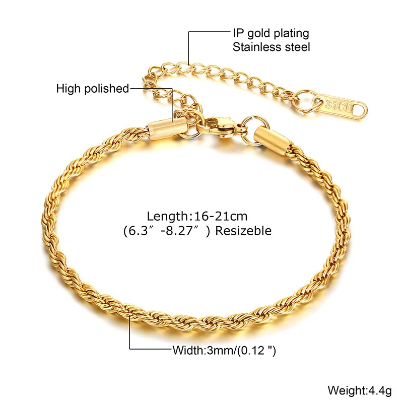 Vnox Dropship 2/3/4/5mm Twisted Chain Bracelets for Women Men, Gold Color Stainless Steel Link Chain, Minimalist Metal Jewelry