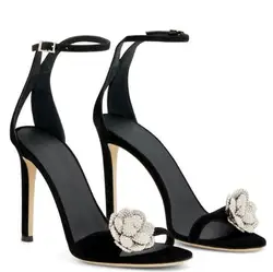 Moda donna calda pelle scamosciata di mucca nera Bling fiore cristallo sandalo estivo donna 10/8 CM tacchi a spillo cinturino alla caviglia scarpe da banchetto