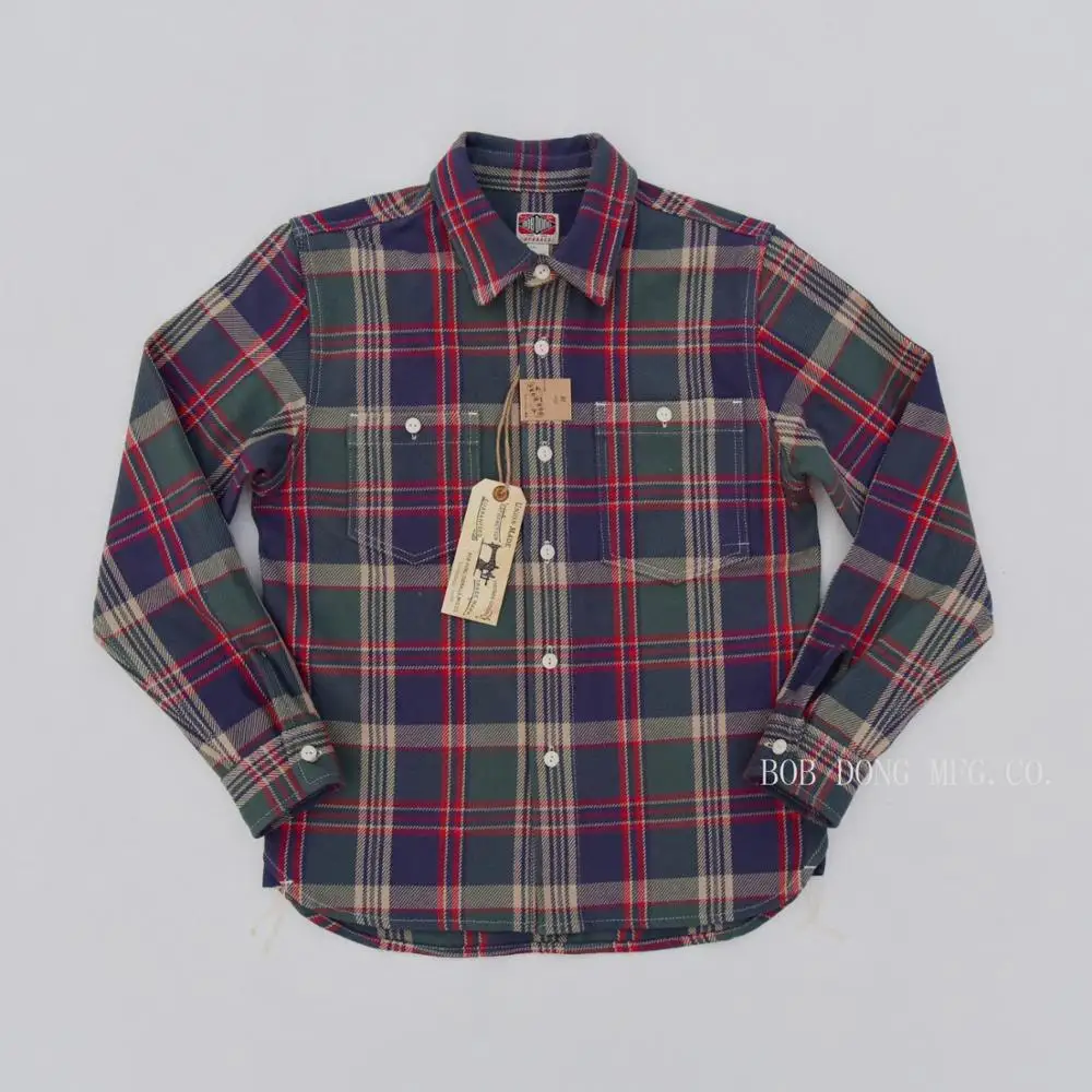 BOB DONG Yarn Dyed Cotton Checked Shirts Asymmetrical Pockets Plaid Work Shirts