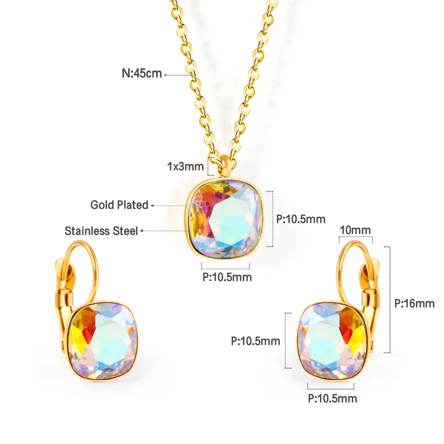 Square Multiple Color Crystal Pendant Necklace & Earrings Set