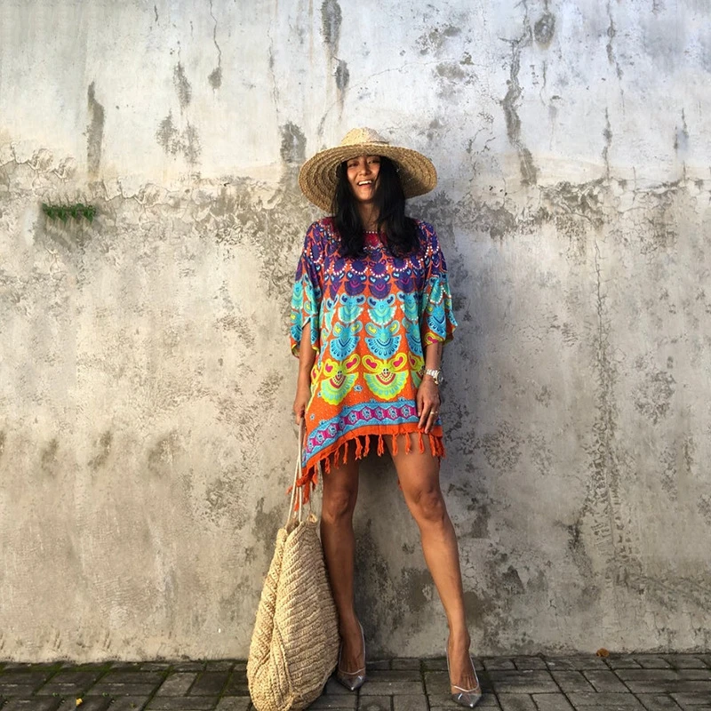 

Peacock Feather Round Neck Tunic Languid Silhouette Plus Size Women Tops Mini Dress Hem Fringe Batwing Loose Shape Short Kaftan