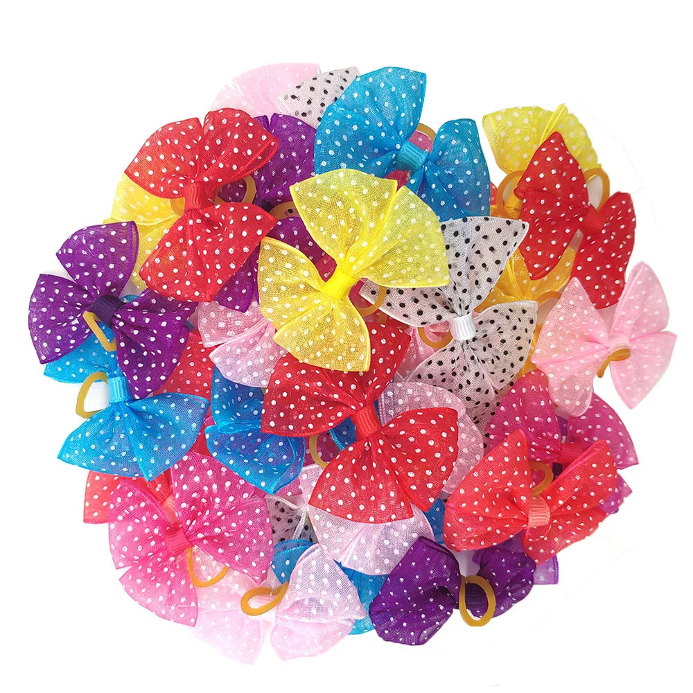 50 Pcs In pairs New Mix Color Dog Hair Bows Make of Lace Dog Hair Bows Rubber bands Pet Grooming Accessories Products Cute Gift