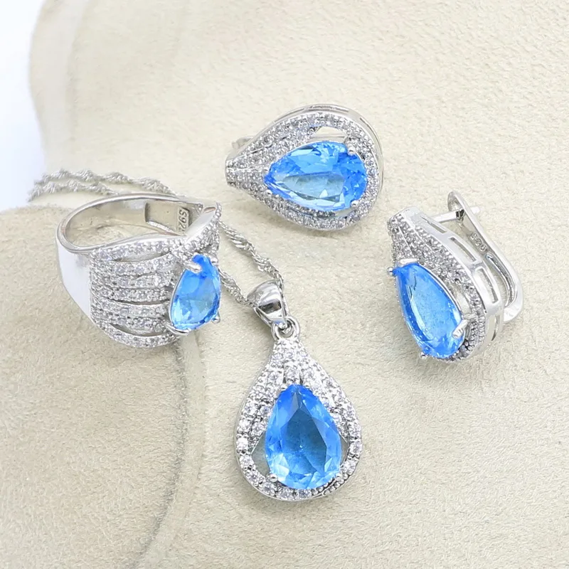 Sky Blue White Topaz 925 Sterling Silver Bridal Jewelry Sets For Women Earrings Necklace Ring Pendant Bracelets