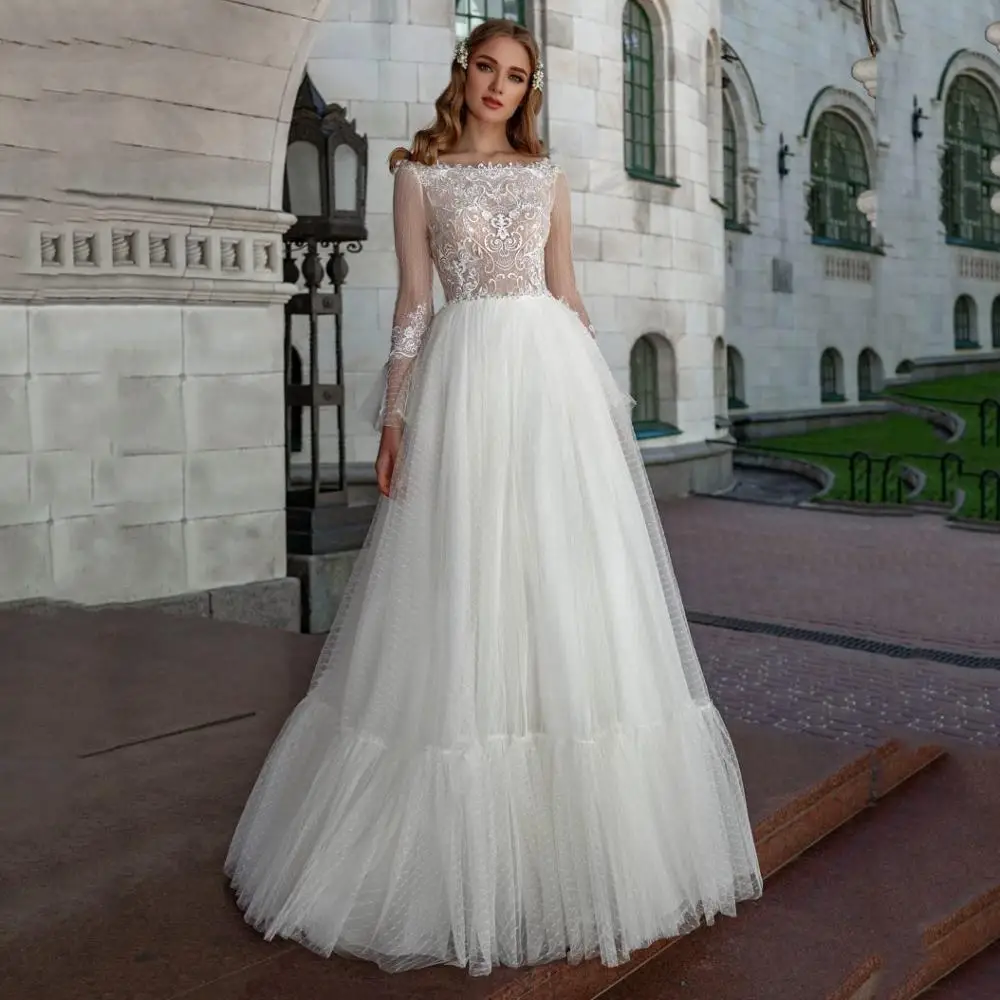 

Thinyfull Princess Boho Boat Neck Wedding Dresses A Line Long Sleeve Floor Length Bridal Gown Lace Appliques Vestidos De Novia