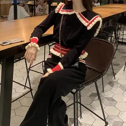 Fashion Sweet Girls Two Piece Set Women Knitted Contrast Color Peter Pan Collar Long Sleeve Sweater Tops + Wide Leg Pants Suits