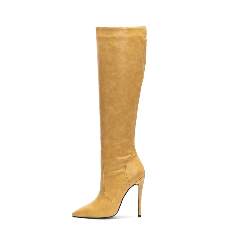 Stivali alti in pelle al ginocchio moda donna solido giallo punta a punta pelliccia scarpe invernali calde 10-12Cm stivali da equitazione con tacco