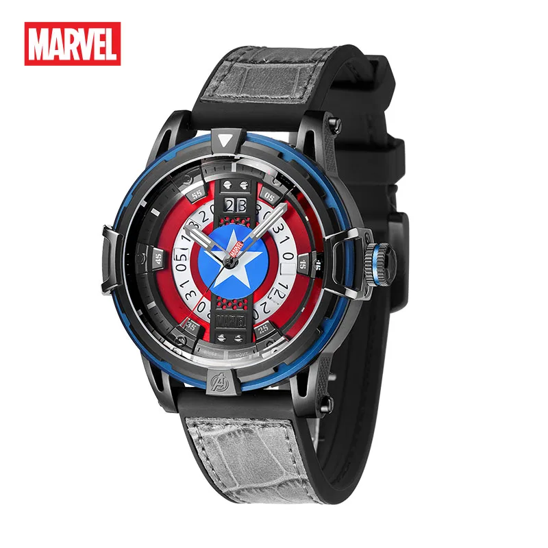 Disney Marvel Captain America Shell Mens Swiss RONDA Quartz Movement Casual Wristwatch Sapphire Crystal 5 Bar Luminous Calendar