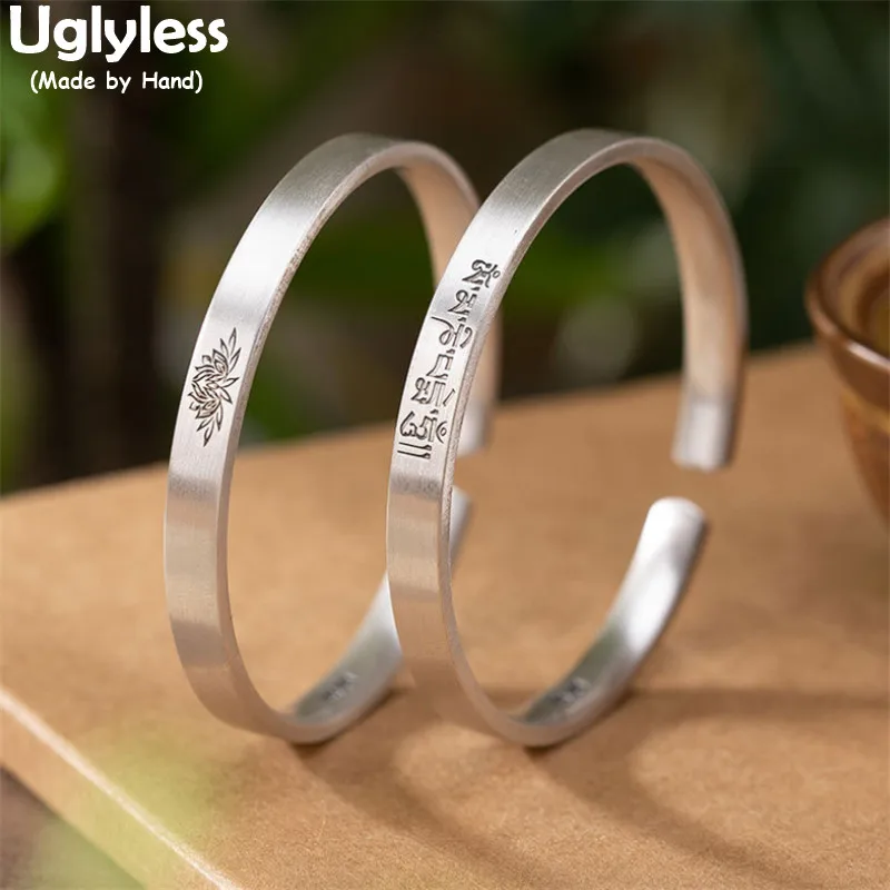 

Uglyless Solid 999 Pure Silver Flat Bangles for Women Thai Silver 6 Words Mantra Lotus Open Bangles Buddhistic Jewelry Gifts