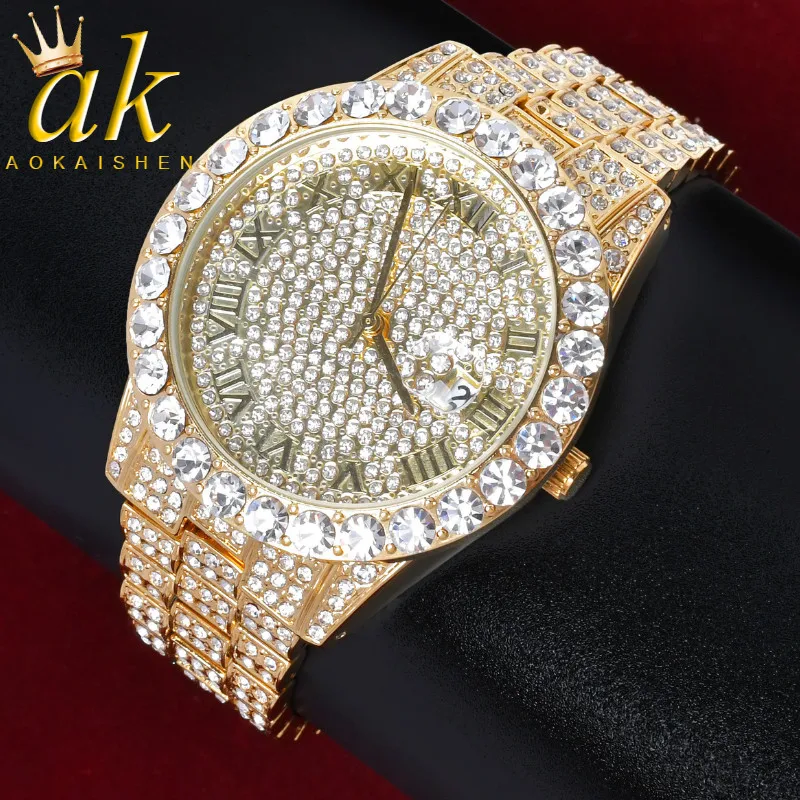 Aokaishen Field Watch for Men Gold Color Quartz Clock Luxury Big Rhinestone Business Waterproof Wrist Hip Hop Jewelry