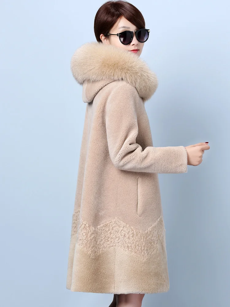 

Fur Real Coat Winter Jacket Women Sheep Shearling 100% Wool Coat Female Fox Fur Collar Suede Leather Jacket NKK19816