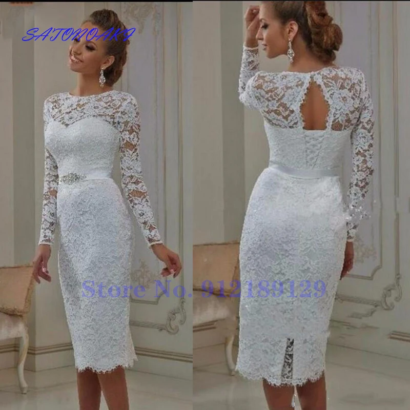 Abiti da sposa abiti da sposa corti in pizzo Vintage maniche lunghe lunghezza tè guaina collo alto gioiello abiti da sposa Robe De Mariée