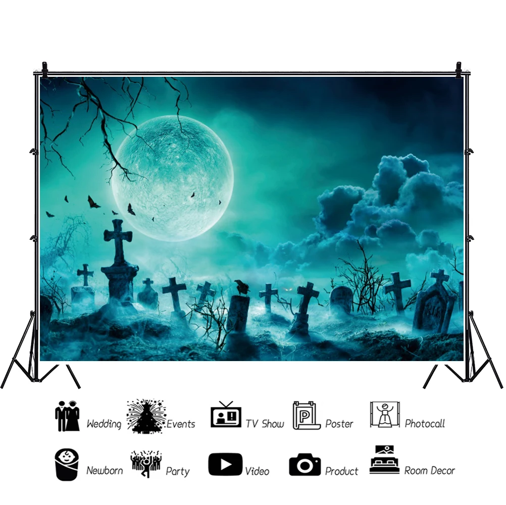 Laeacco Horrible Night Scenic Moon Forest Clouds Mist Halloween Festival Poster Photographic Background Banner Photo Backdrops