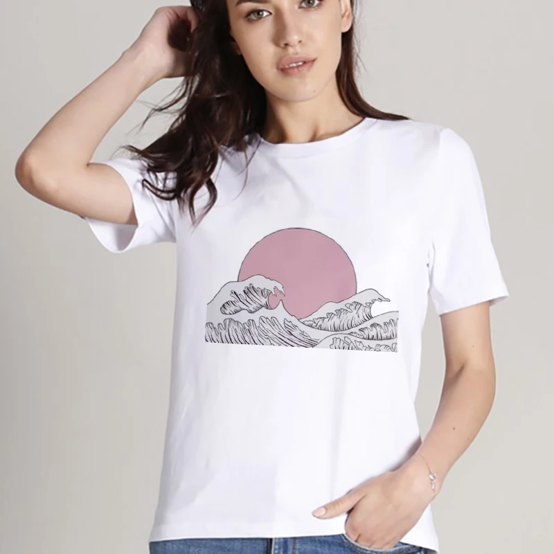 

2019 New Japanese T Shirt Women Wave Printed Harajuku Female T-shirt fashion Hipster white Thin section tops Tshirt Clothing