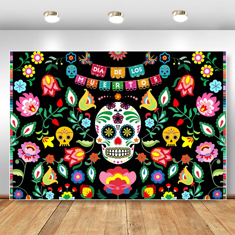 

Day of The Dead Backdrop for Mexican Fiesta Sugar Skull Flowers Photography Background Dia DE Los Muertos Decorations Banner