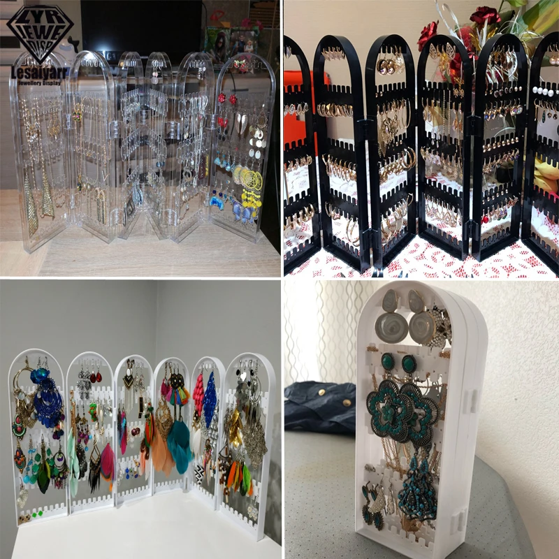 2/3/4 Fans Panels Screen Folding Clear Earrings Studs Display Rack Necklace Jewelry Shelf Stand Holder Organizer Storage Box