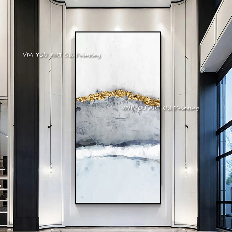 Hand-Painted Palette Knife Abstract Scenery Oil Art, Gold Leaf Calm Blue Grey Canvas Wall Art