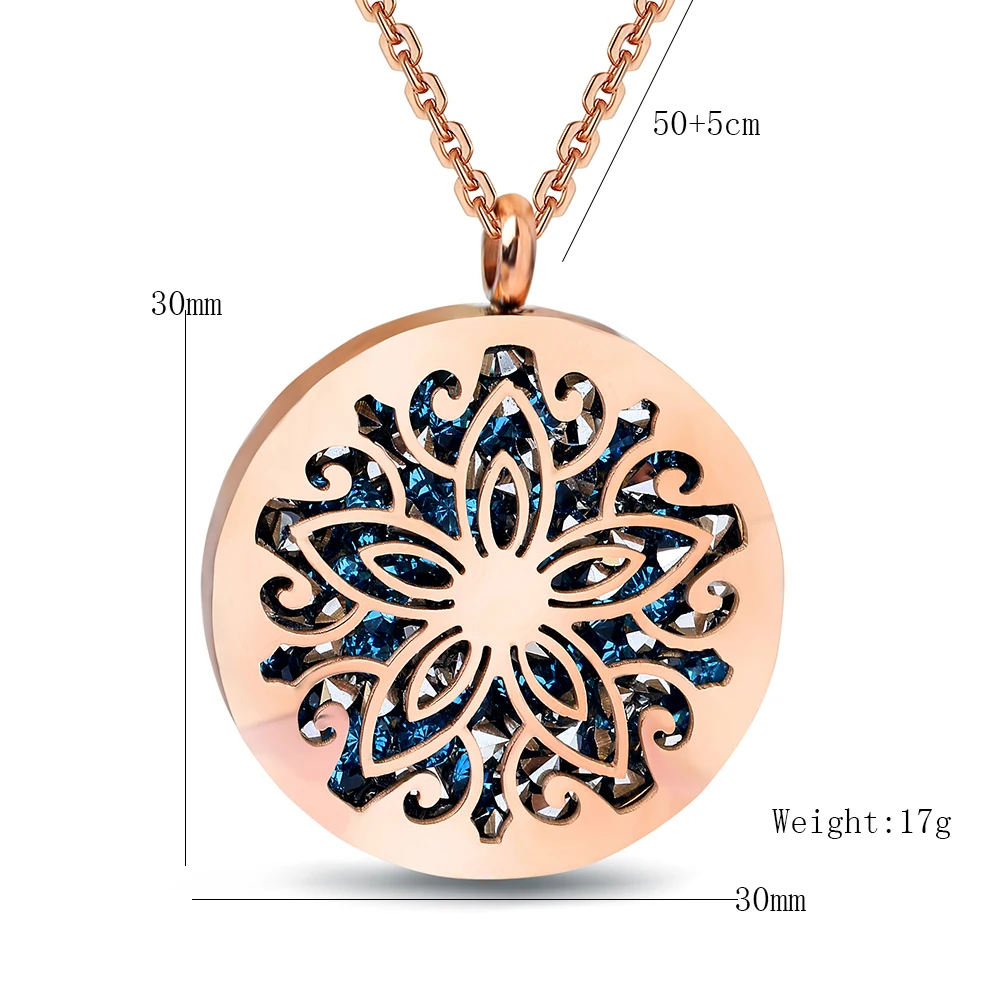 New Stylish Fashion Flower Pendant Necklace With Full Blue Crystal Jewelry For Women Necklace Rose Gold Color Stainless Steel