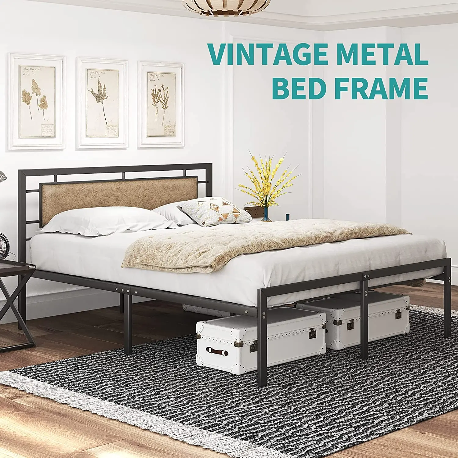 Metal Queen/Full/Twin Bed Frame with Upholstered Faux Leather Headboard Vintage Rustic Brown Style Platform Mattress Foundation