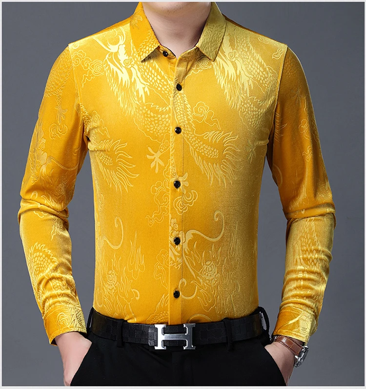 Gold Mens Velvet Shirts Father Collar Male Dress for Stout Fat Velour Winter Blouse With Dragons for Mens Flannel Black Shirts