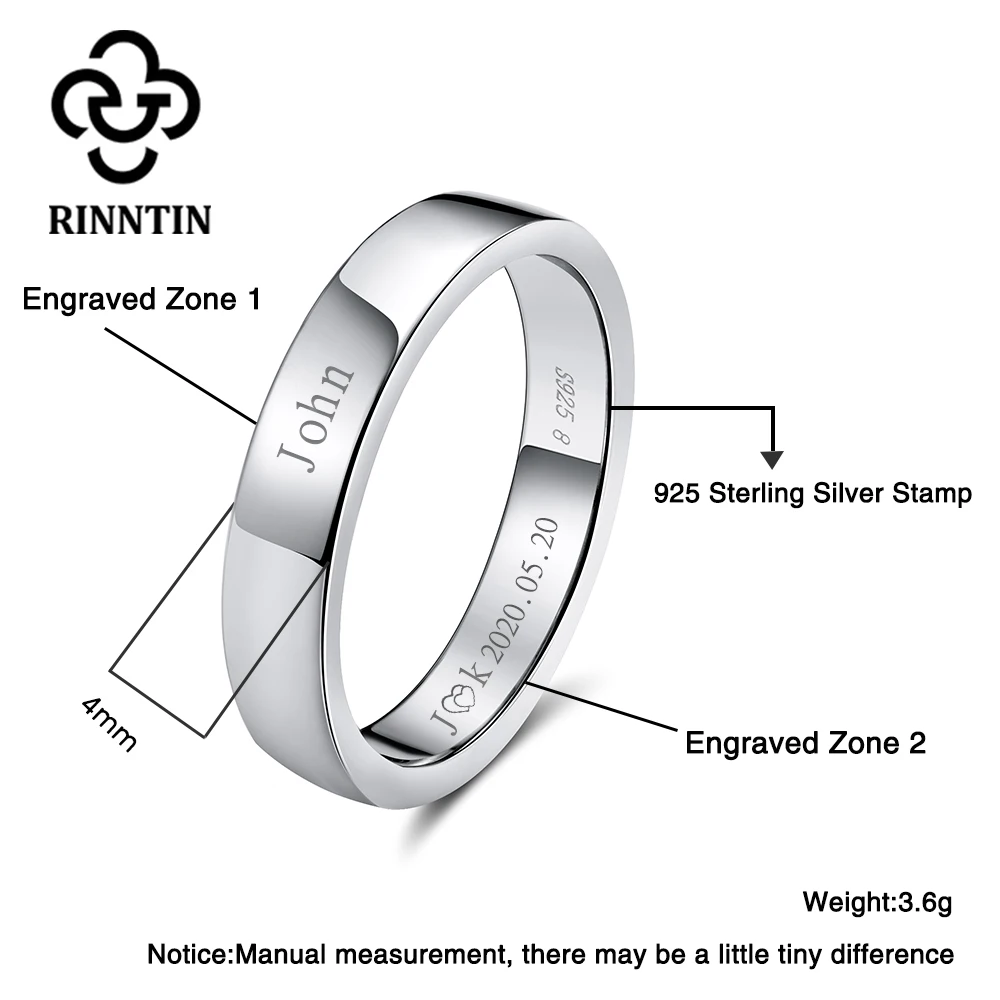 Rinntin 925 Sterling Silver DIY Engraved Couple Rings Lovers Personalized Matching Wedding Bands Anniversary Fine Jewelry Gifts