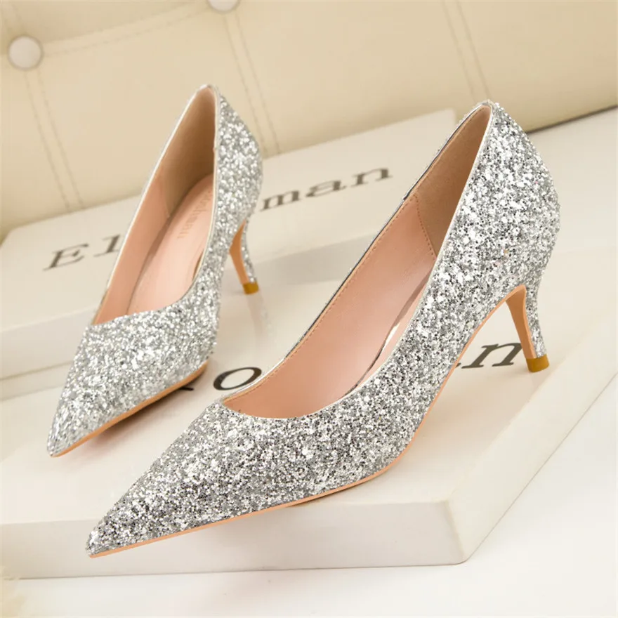 New Autumn Fashion Sequined Cloth Women Pumps Black Gold Silver Shoes High Heels 6cm Pointy Toe Ladies Office Dress Shoe Wedding