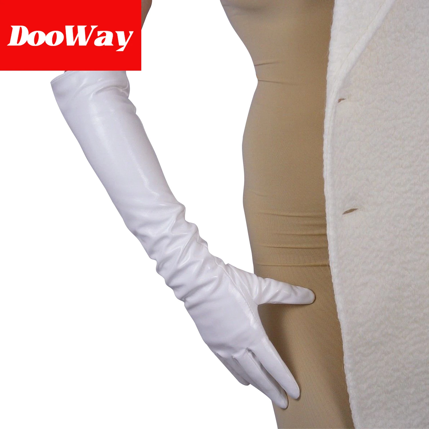 Dooway luva longa de látex da moda feminina fantasia de couro pu branca 20 polegadas