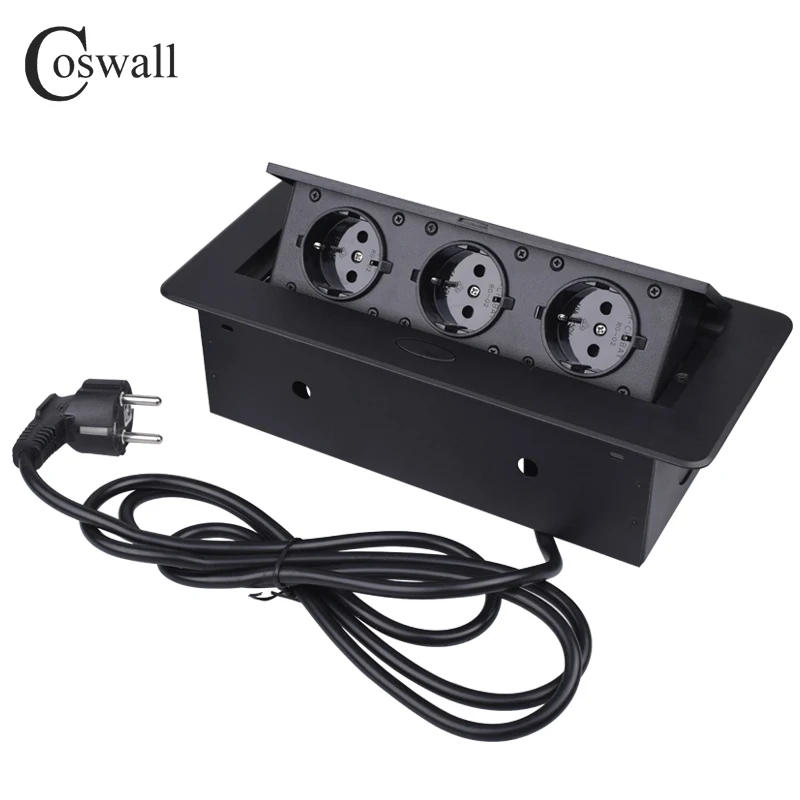 

COSWALL Zinc Alloy Plate Slow Soundless POP UP Hidden 3 Power EU Socket Office Table Outlet Grounded With 1.3M Extension Plug