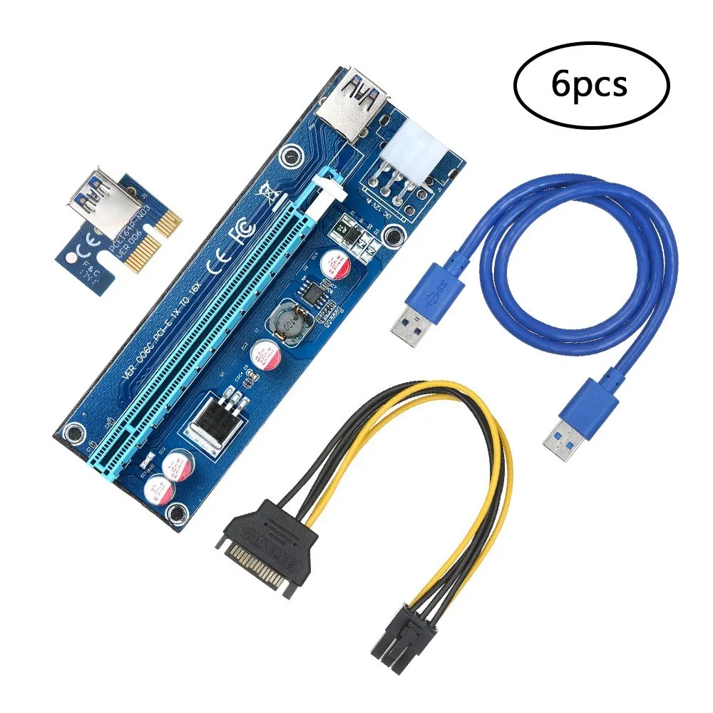 

6-Pack Multi-interface PCI-E 6pin Powered Riser Adapter Card 1x to 16x Rise Board with 23.6in USB3.0 Extension Cable