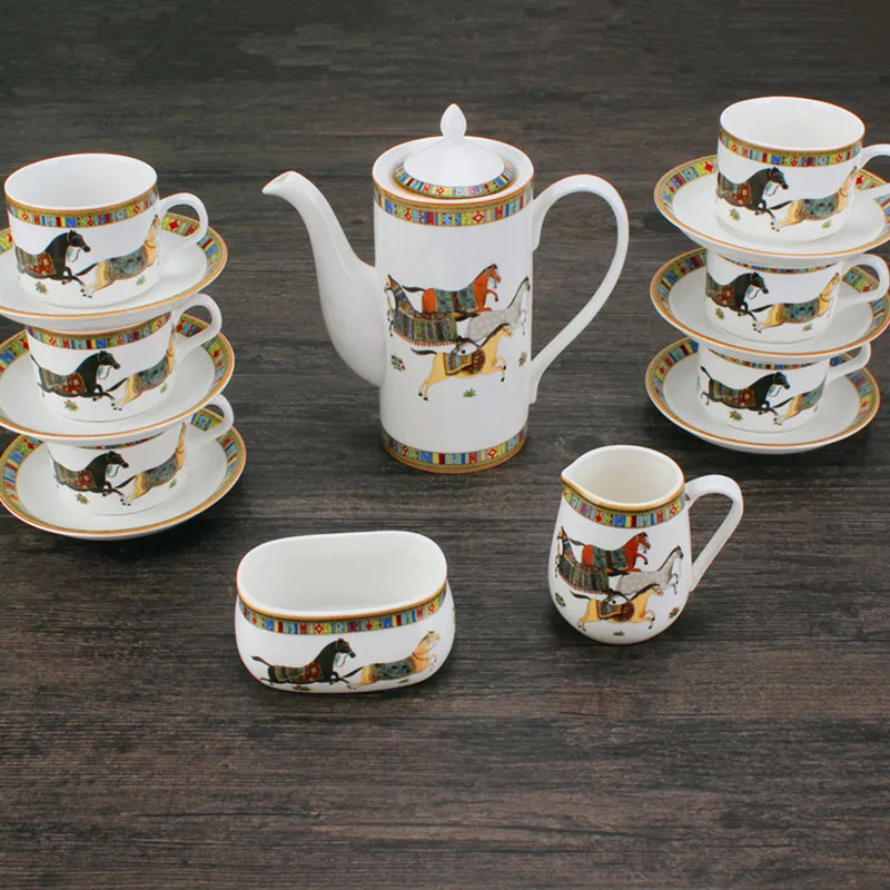 China Porcelain Horse Coffee Mugs Dish Cups Tea Milk Sugar Pot Set