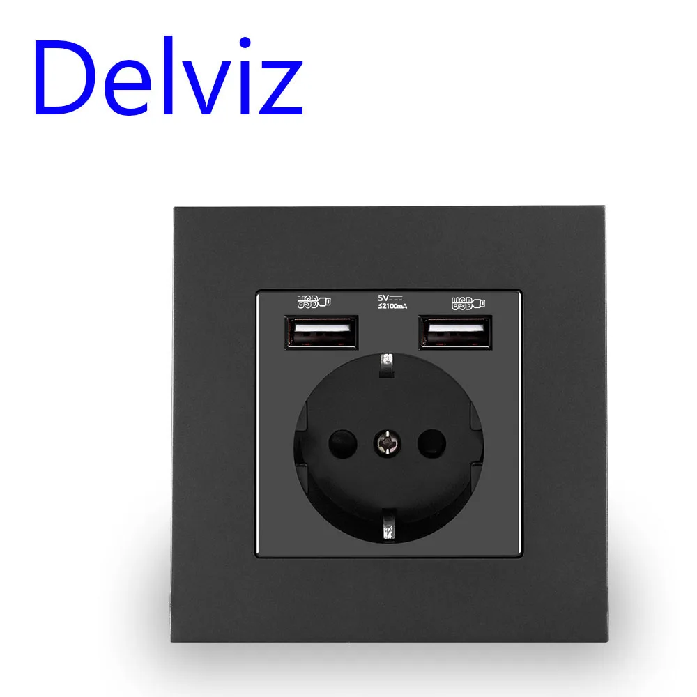 Delviz EU Standard USB Socket, AC 110V-250V, 16A Wall Embedded Outlet, 5V 2A Dual Usb charge hole, EU Power Socket With USB Port