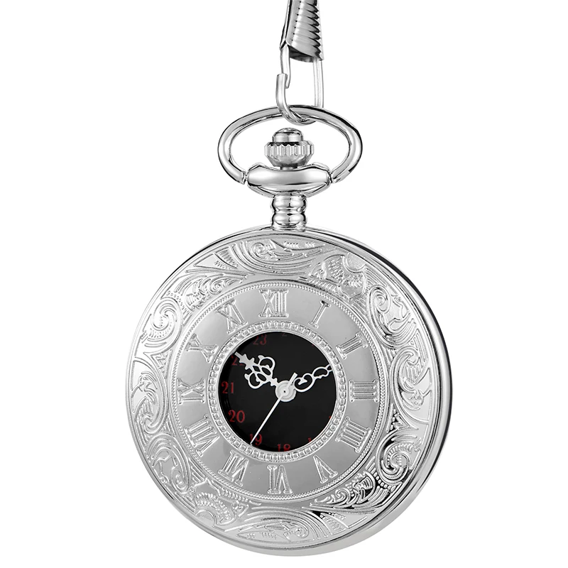 Vintage Pendant Quartz Pocket Watch Male Engraved Sliver Case Roman Numeral Dial Clip Pendant Fob Chain Clock for Men Women Gift