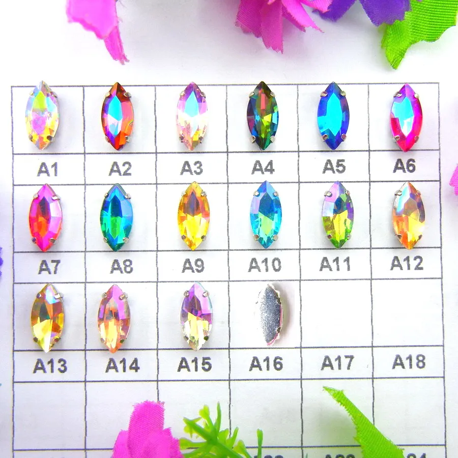 Glaskristall-Silberfassungen in 8 Größen, schöne Farben, Pferdeaugen-, Navette- und Marquise-Form, aufnähbare Strassperlen-Applikationen für DIY-Projekte – Detail 2