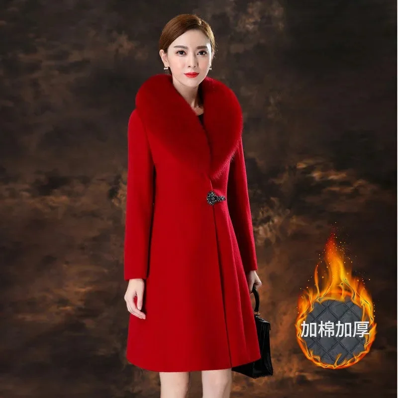 Fox Fur Collar Cashmere Wool Coat Women's Fashion Slim long Section Over The Knee New Fur Collar Woolen Coat Ladies Wool Jacket