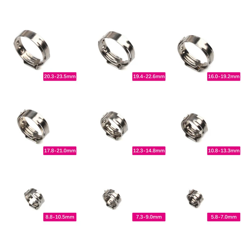 25pcs Hose Clamps Single Ear Stepless 5.8-23.5mm 304 Stainless Steel Hose Clamps Cinch Clamp Rings for Sealing Kinds of Hose