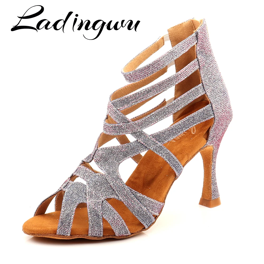 Ladingwu Latin Dance Shoes Chameleon Glitter Fabric Salsa Dance Shoes Women Ballroom Dance Boots Cuba Dance Shoes 2020 New