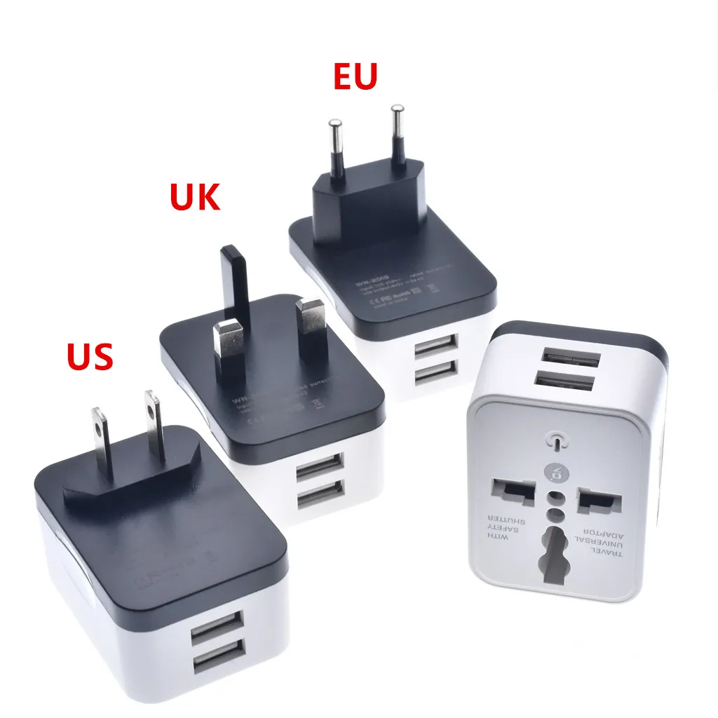 EU UK US 2 USB Charging Universal Travel Adapter International World Travel 10A AC Power Converter Plug Adapter Socket