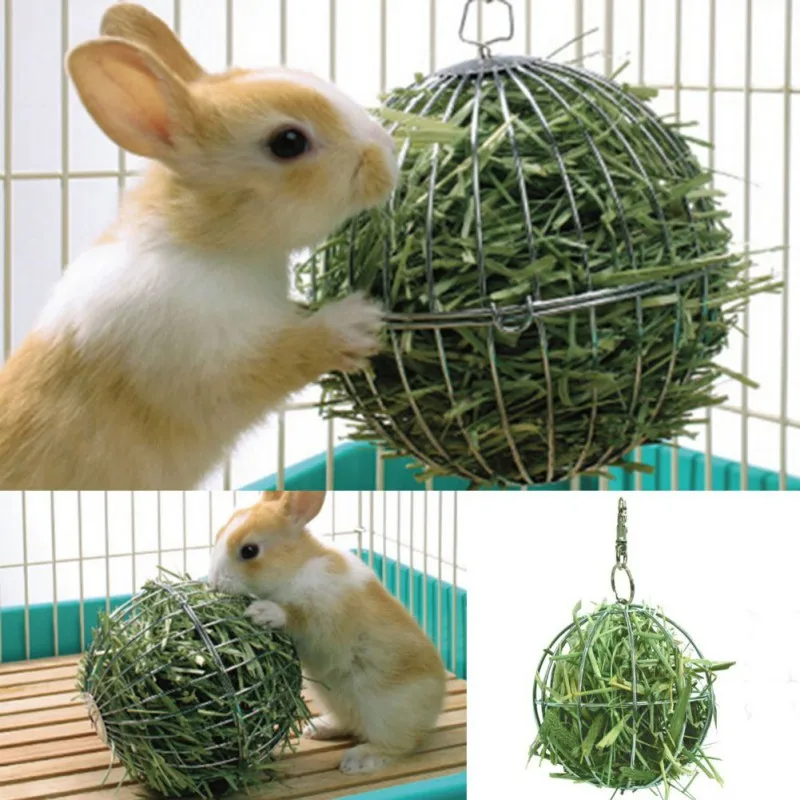 Ferramenta alimentadora de grama em forma de bola de feno, rack de chapeamento de aço inoxidável, gaiola para coelho, cobaia, suprimentos para animais de estimação, hamster