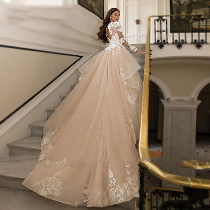 Linha a vestido de casamento 2021 princesa manga longa vestido de noiva com decote em v longo trem apliques rendas vestidos de noiva em camadas 2021 mais tamanho