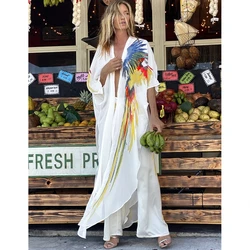 Bohemian Dress Chiffon Bikini Cover Up Kaftan White Dress Big Size Kimono Beachwear Print Tunic For Beach Swimsuit Cover Up