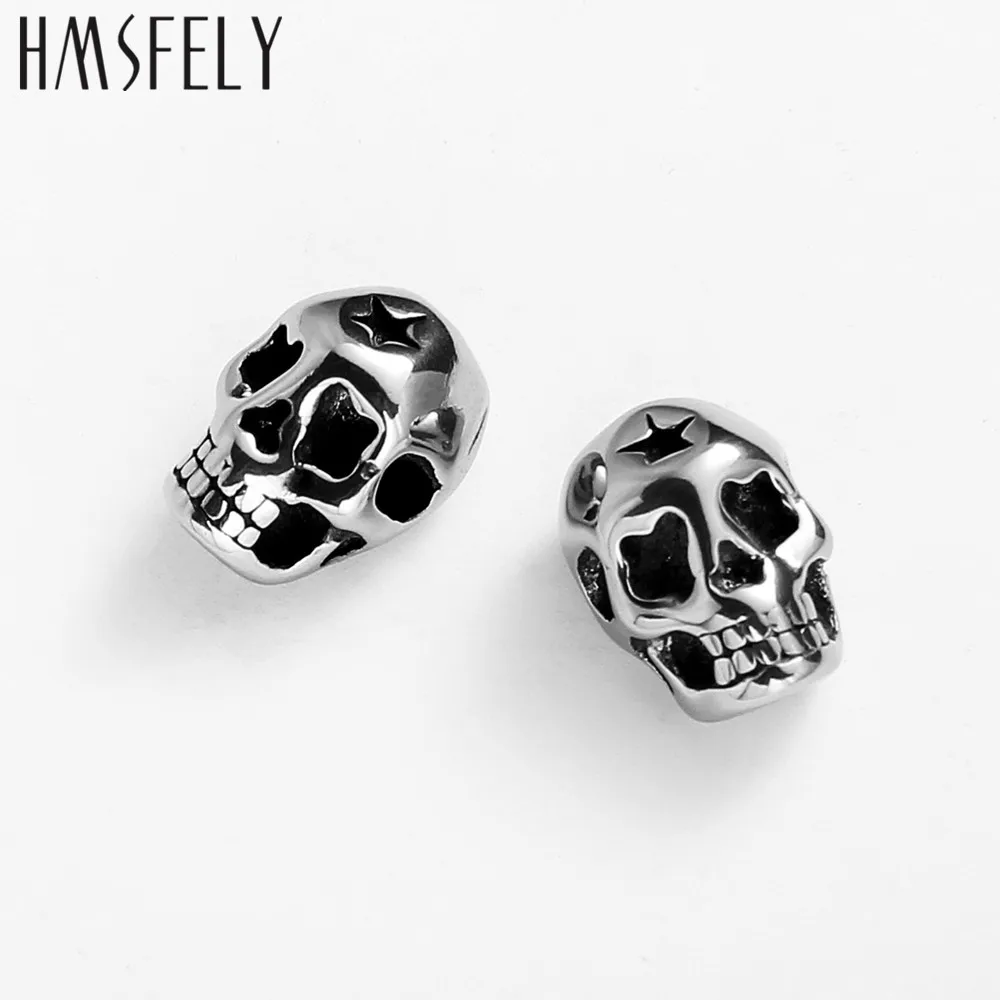 HMSFELY 316L Stainless Steel Lucky Skull Head Beads Accessories For DIY Beaded Bracelet Making Findings 2mm Hole Pentagram Bead