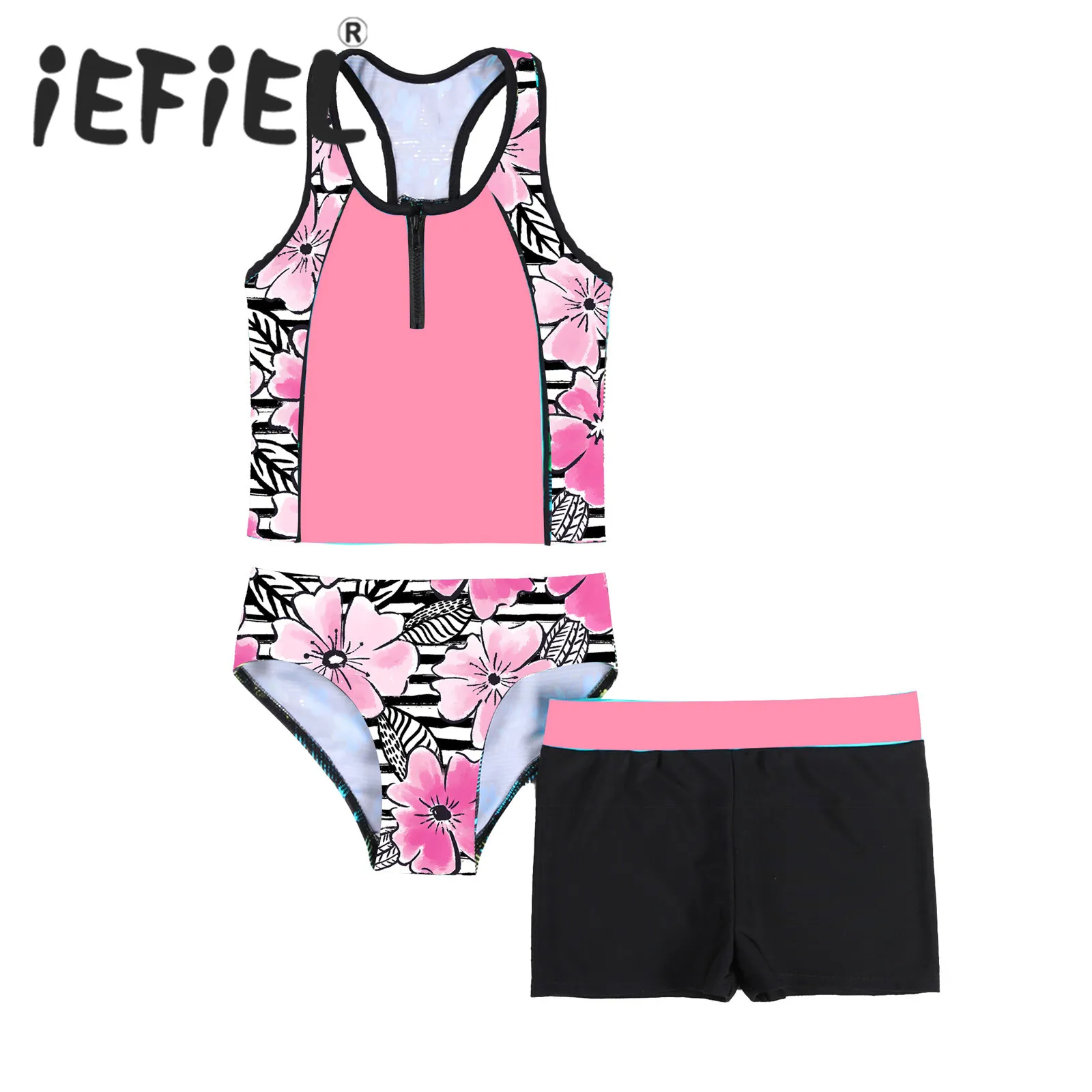 4-16 Years Kids Girls Tankini Set 3 Piece Floral Print Sleeveless Racerback Tank Vest Shirt Short and Bikini Triangle Swimwear