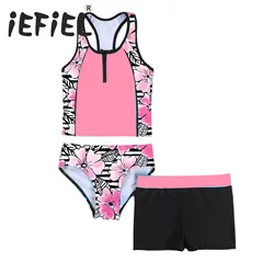 4-16 anni bambini ragazze Tankini Set 3 pezzi stampa floreale senza maniche canottiera canottiera camicia corta e Bikini triangolo costumi da bagno