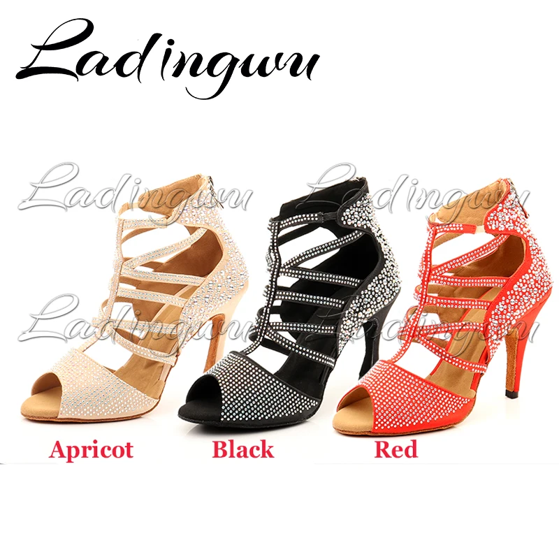 Ladingwu-zapatos de baile latino para mujer y niña, botas de baile con diseño único, sandalias con diamantes completos para fiesta de Salsa