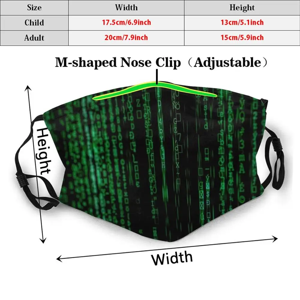 Matrix Code Print filtr zmywalny przeciwkurzowe usta maska zabawny fajny staromodny Oldschool świetny jak zabawa dobry niesamowity Cyber