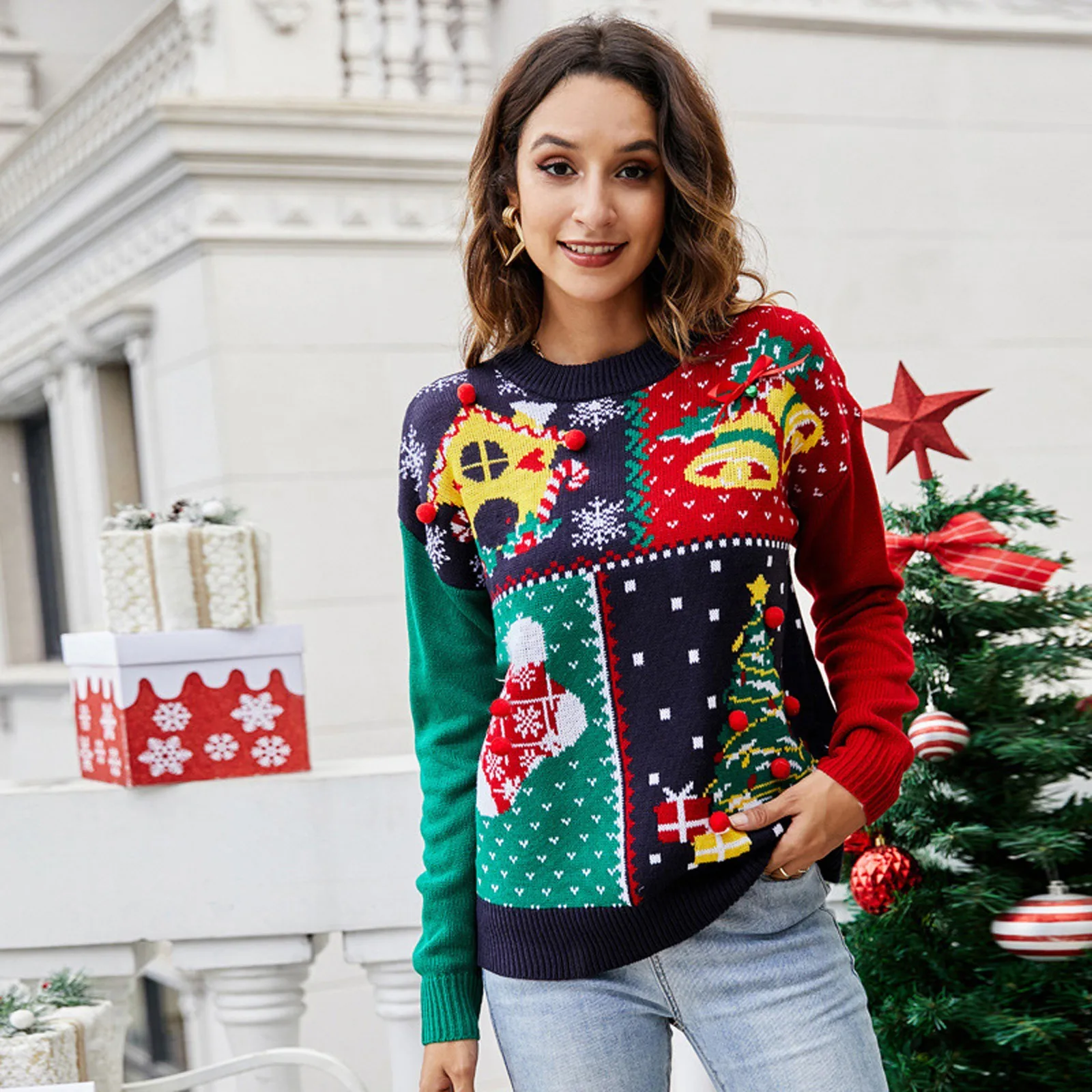 Christmas Sweater Women 2021 Knitted Sweater Dress Female New Snowflake Tree Bells Pattern Pullovers Ladies Casual Sweatershirts