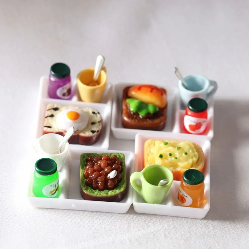 1set Dollhouse MIniature Toast Bread Jam Food Model Dinner Plate Cup Spoon For Doll House Play Kitchen Accessoreis