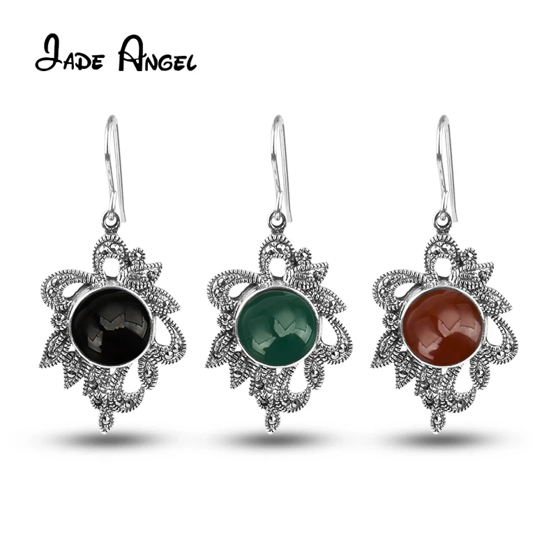 JADE ANGEL 925 Sterling Silver Earrings Black Red Green Agate Inlaid Mosaic Leaf 2021 New Fashion Jewelry Women's Earrings