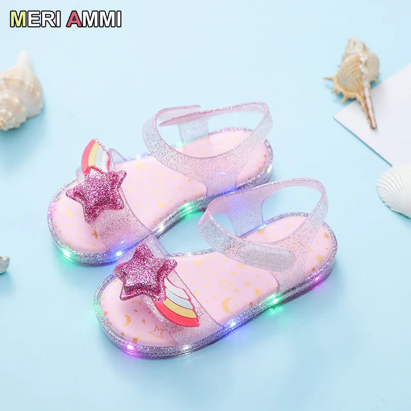 MERI AMMI LED Light Up Baby Girls Soft Shoes PVC Bowknot Shoes Cute Sandals 130-155mm